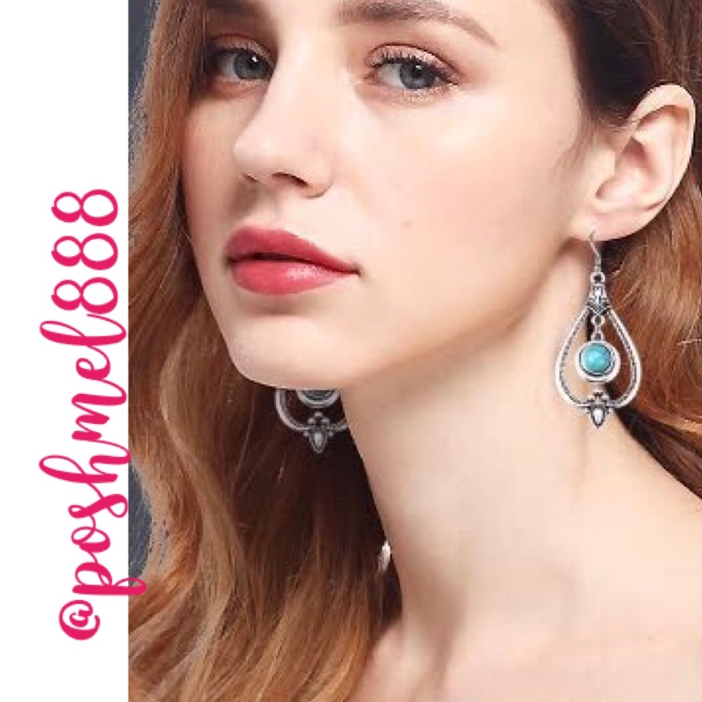 :: Elegant  Turquoise + Silver Drop Earrings - Picture 2 of 5